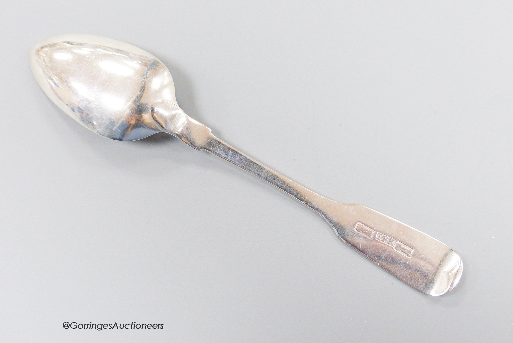 An early 19th century Scottish provincial silver fiddle pattern teaspoon, John & Patrick Riach, Forres, c. 1820, 13.9cm, 17 grams.
